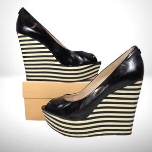 Michael Kors Black Leather Striped Peep Toe Platform Wedge Size: 7.5